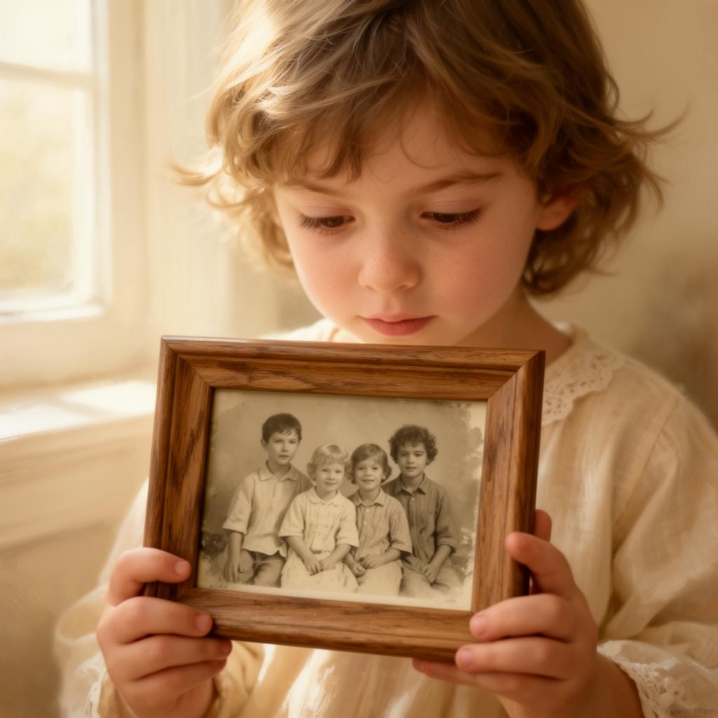 A child gently holding a wooden picture frame