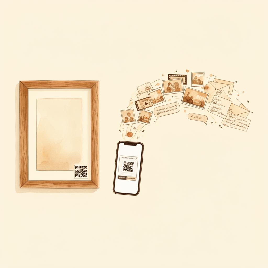 Illustration of a picture frame with a QR code and a smartphone unlocking memories