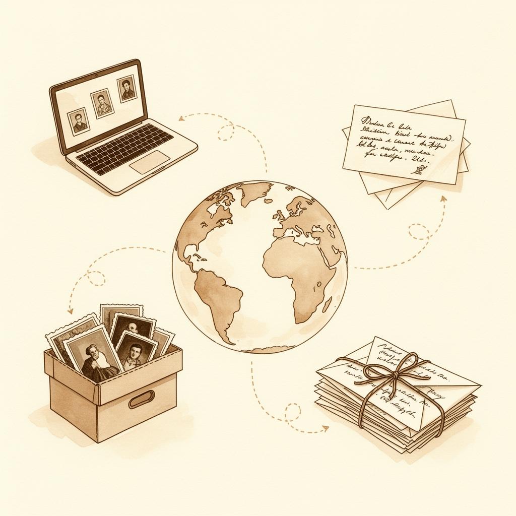Illustration of memories collected from across the world in digital and physical form