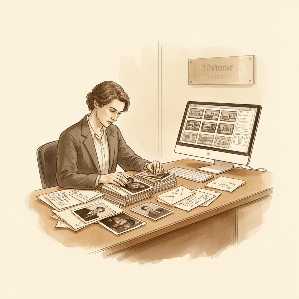 Illustration of an Encapsule team member organizing photographs and documents at a desk